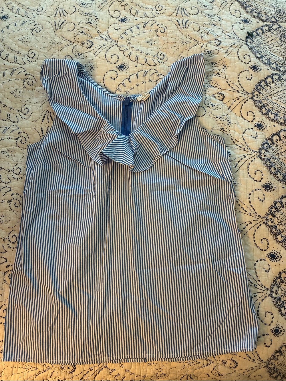 J. Crew Blue and White Striped Ruffle Neck Tank - size 2